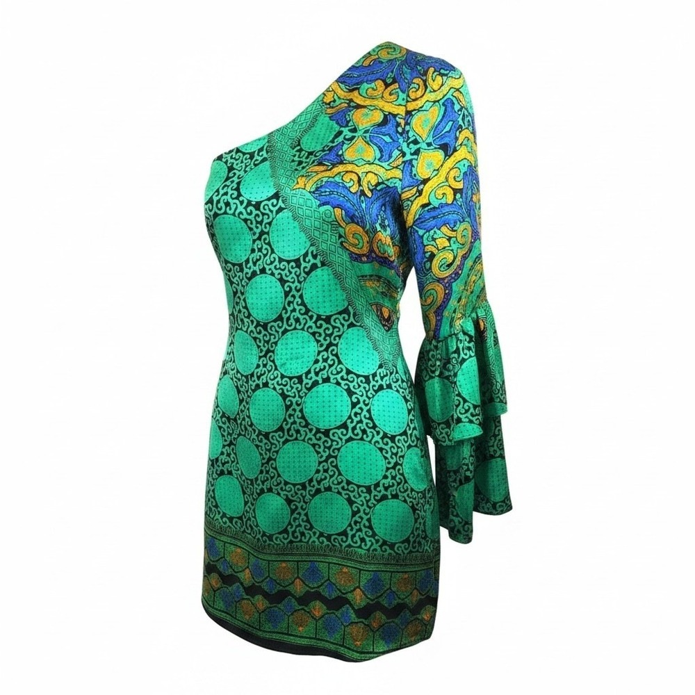 Vintage Voom by Joy Han One Shoulder Mini Dress Large Green Silk Ruffle Sleeve